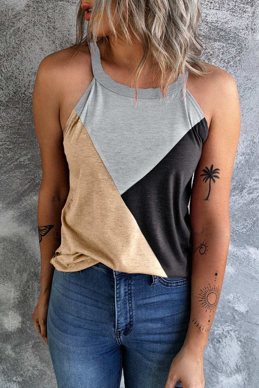 Color Block Grecian Neck Tank - Trendsi - Flyclothing LLC