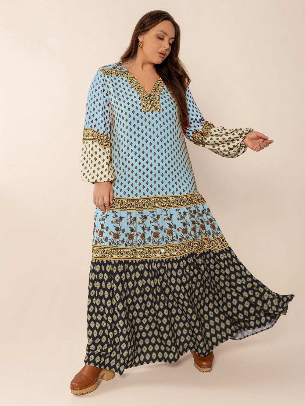 Plus Size Printed V-Neck Balloon Sleeve Maxi Dress - Trendsi - Flyclothing LLC