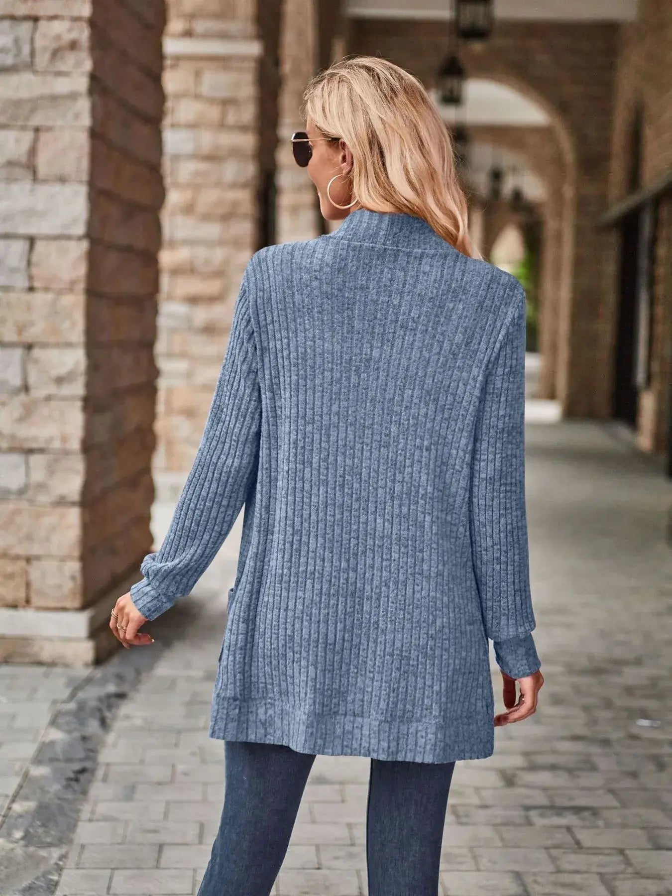 Ribbed Open Front Long Cardigan with Pockets - Trendsi - Flyclothing LLC