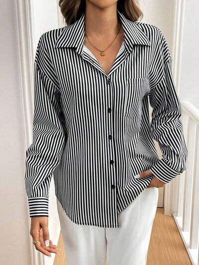 Cutout Bow Back Striped Collared Neck Long Sleeve Shirt - Trendsi - Flyclothing LLC