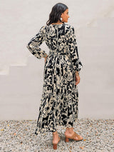 Smocked Printed Tie Neck Long Sleeve Dress - Trendsi - Flyclothing LLC