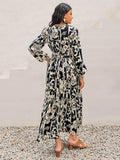 Smocked Printed Tie Neck Long Sleeve Dress - Trendsi - Flyclothing LLC