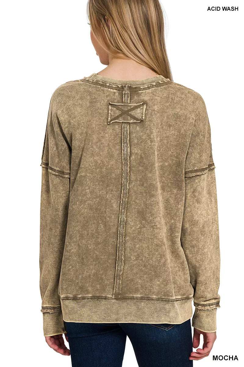 Zenana French Terry Washed Raw Edge Front Pocket Pullover - Trendsi - Flyclothing LLC