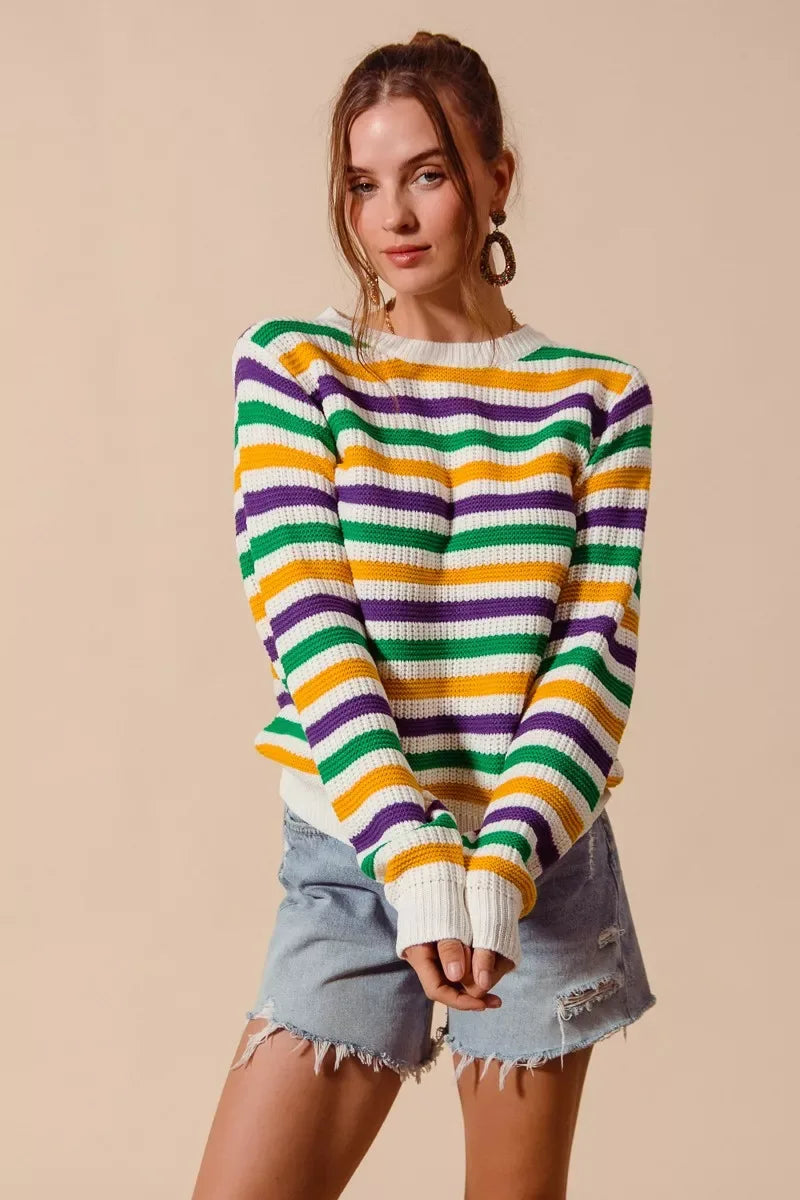 SO ME Mardi Gras Color Stripe Knit Sweater Top - Trendsi - Flyclothing LLC