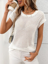 Openwork Round Neck Short Sleeve Knit Cover Up - Trendsi - Flyclothing LLC