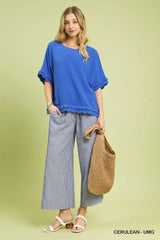Umgee Linen Frayed Hem Scallop Edge Top - Trendsi - Flyclothing LLC