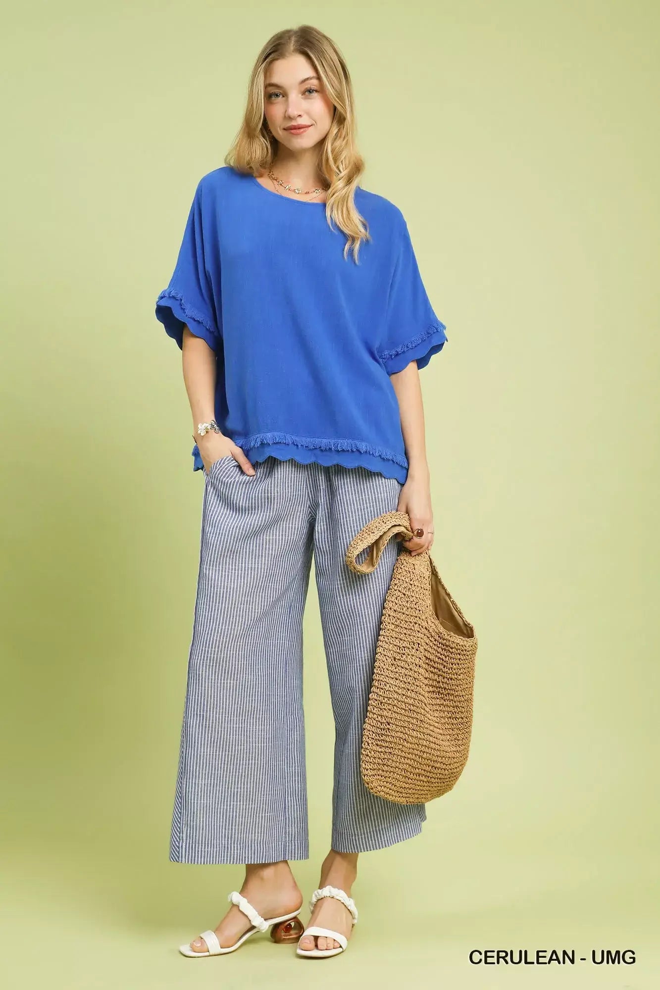 Umgee Linen Frayed Hem Scallop Edge Top - Trendsi - Flyclothing LLC