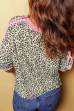 Contrast V Neck Varsity Short Sleeve Leopard Top - Trendsi - Flyclothing LLC