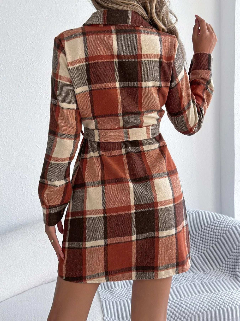 Plaid Button Front Tie Waist Shirt Dress - Trendsi - Flyclothing LLC