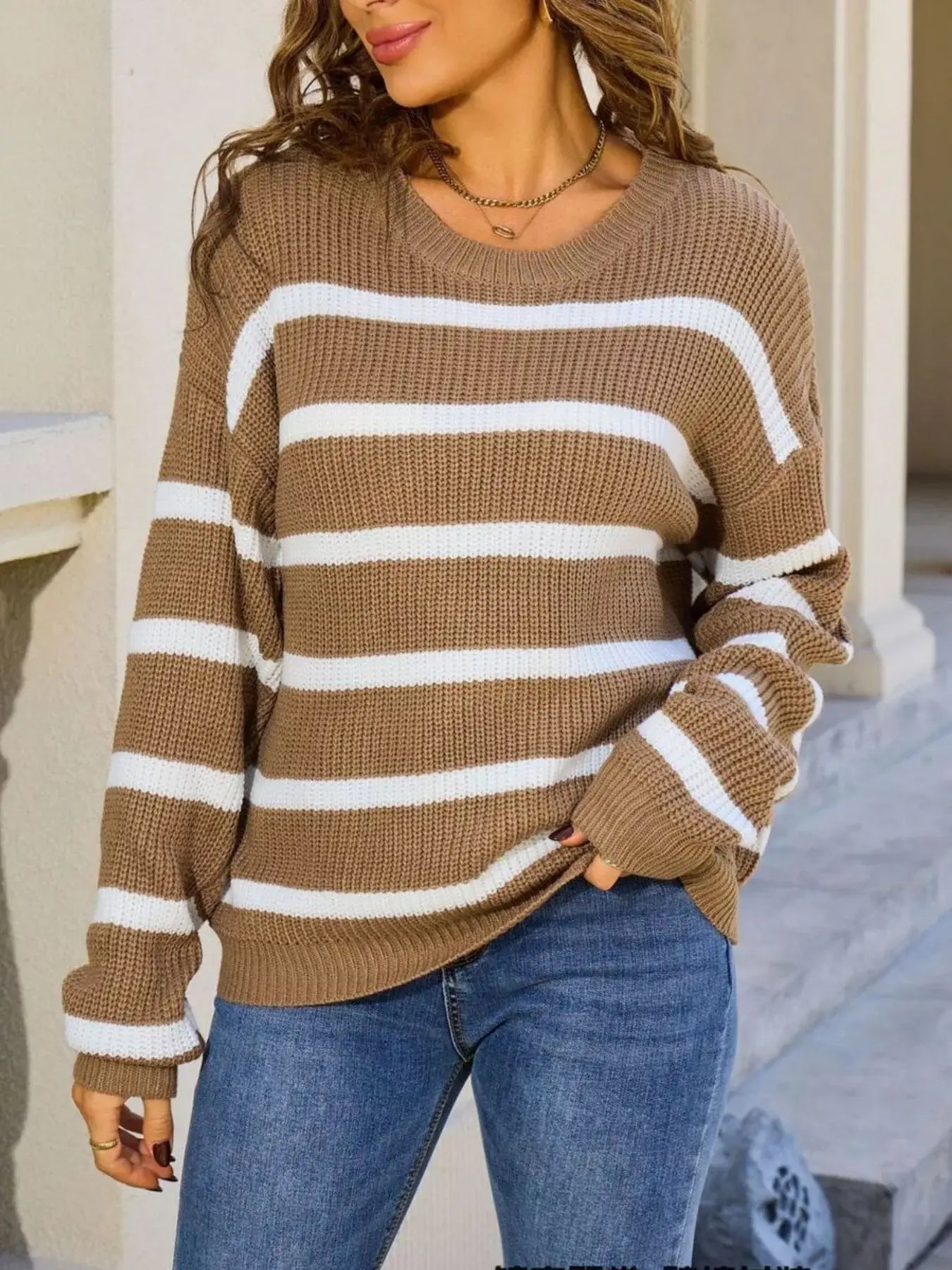 Striped Round Neck Dropped Shoulder Sweater - Trendsi - Flyclothing LLC