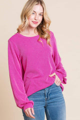 BOMBOM Long Sleeve Curved Hem Ribbed T-Shirt - Trendsi - Flyclothing LLC