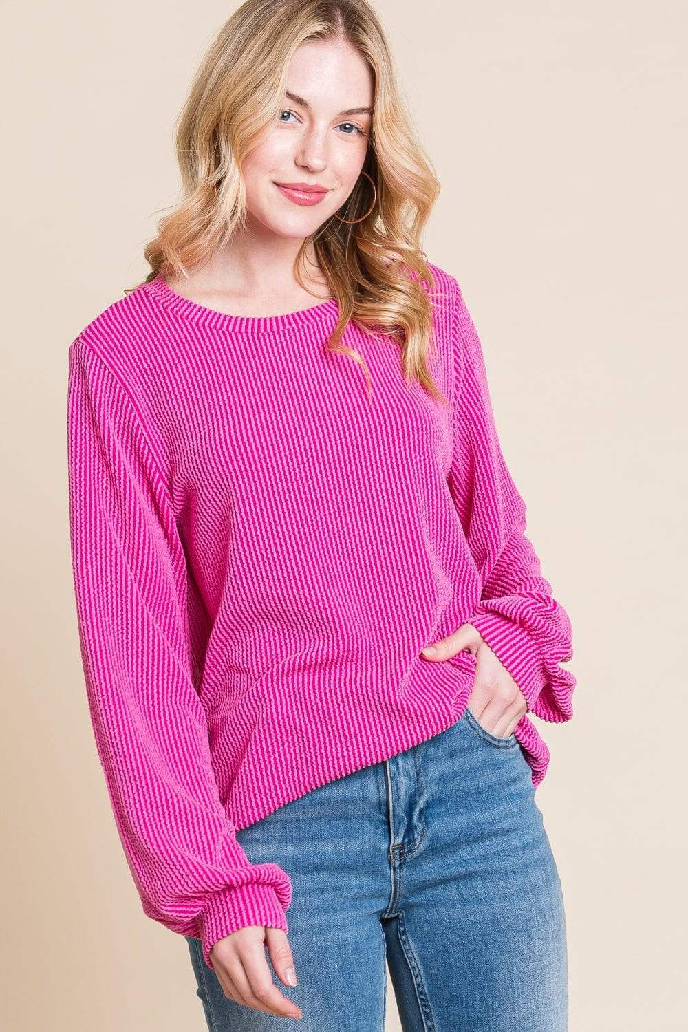 BOMBOM Long Sleeve Curved Hem Ribbed T-Shirt - Trendsi - Flyclothing LLC