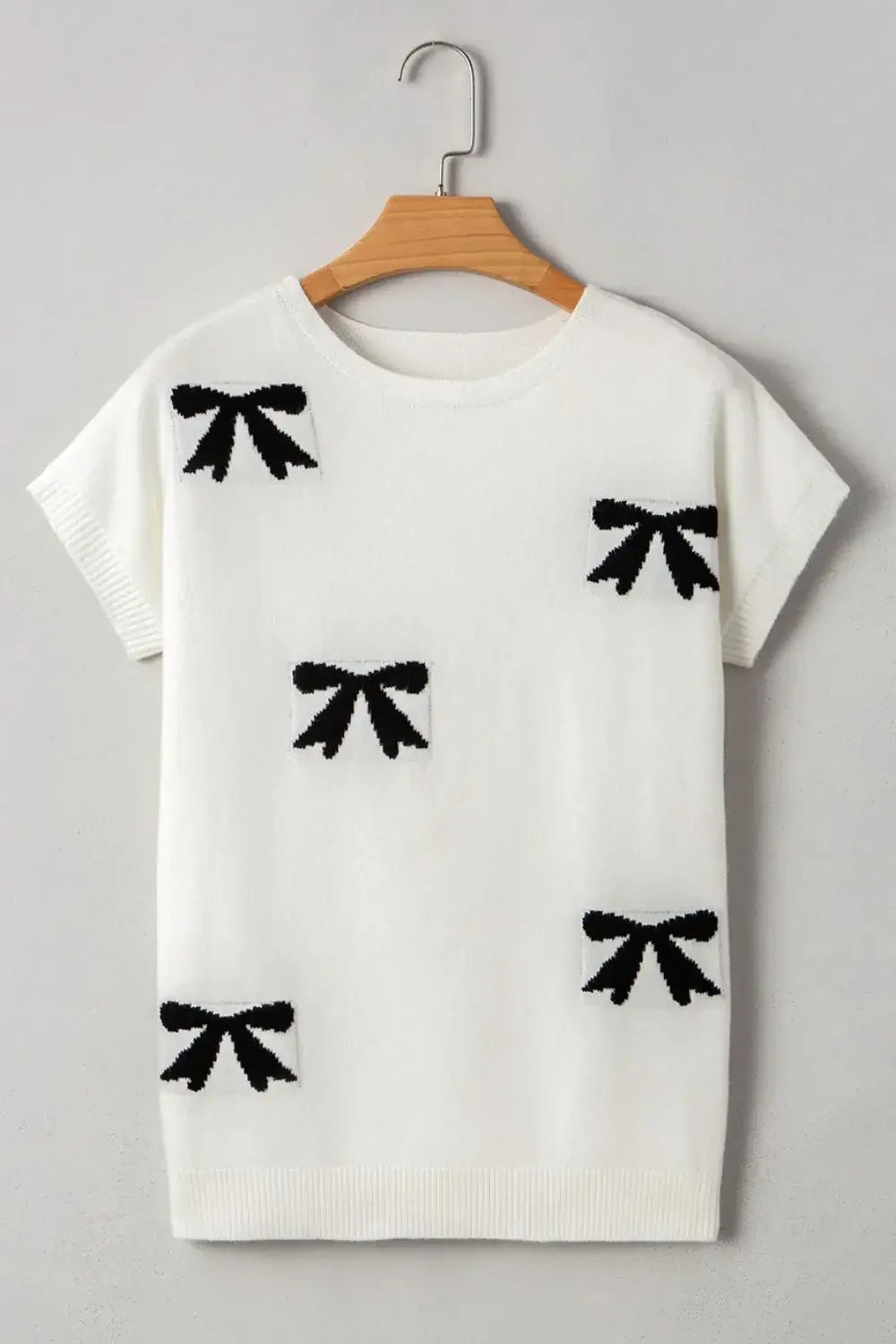 Bow Pattern Knit Short Sleeve Sweater - Trendsi - Flyclothing LLC