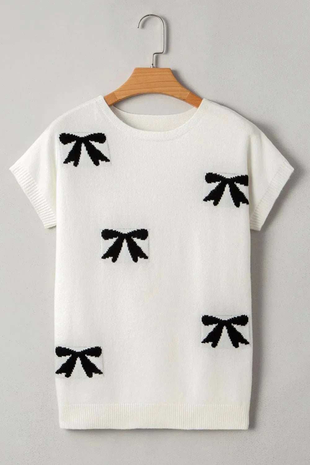 Bow Pattern Knit Short Sleeve Sweater - Trendsi - Flyclothing LLC