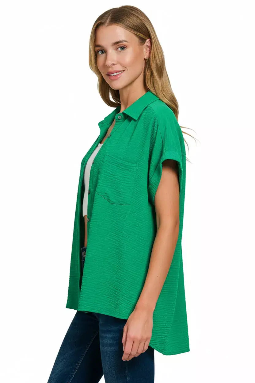Zenana Woven Airflow Button Down Shirt - Trendsi - Flyclothing LLC
