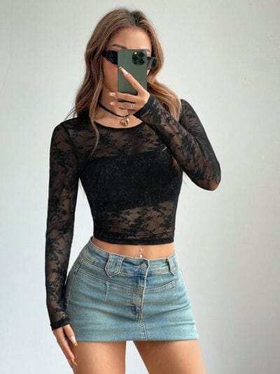 Round Neck Long Sleeve Lace Sheer Top - Trendsi - Flyclothing LLC