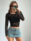 Round Neck Long Sleeve Lace Sheer Top - Trendsi