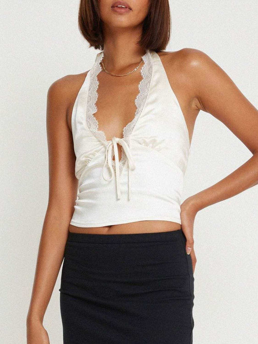 Lace Detail Halter Neck Tank - Trendsi - Flyclothing LLC