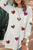 Sequin Heart Round Neck Long Sleeve Mini Dress - Trendsi