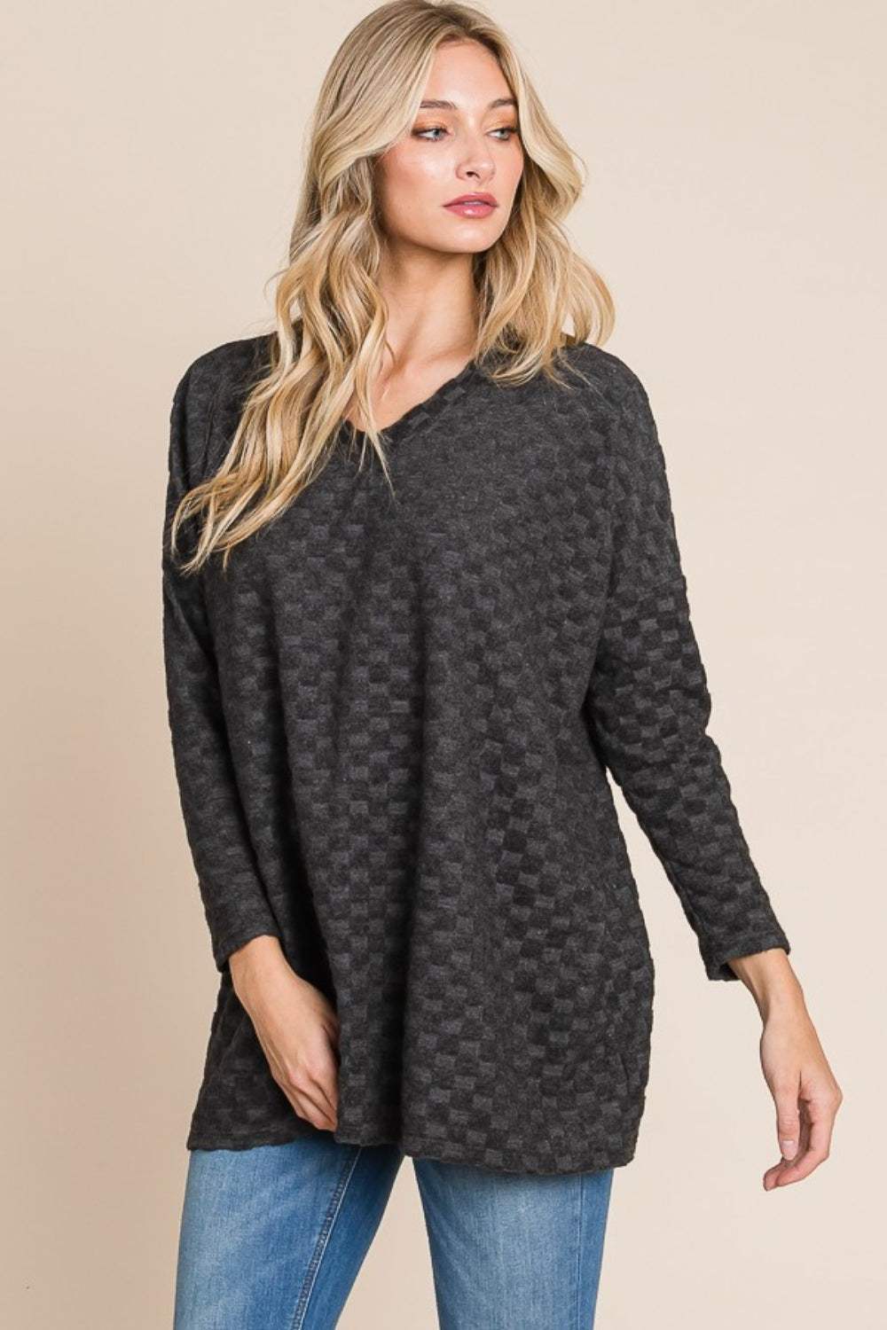 BOMBOM Checkered Long Sleeve V-Neck T-Shirt - Trendsi - Flyclothing LLC
