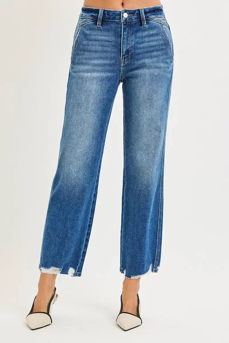 RISEN High Rise Ankle Straight Distressed Hem Detail Jeans - Trendsi - Flyclothing LLC
