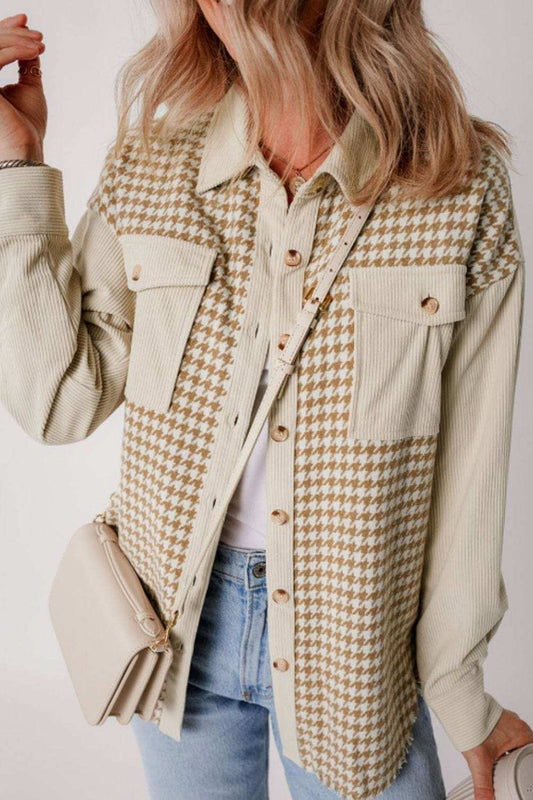 Houndstooth Button Up Long Sleeve Jacket - Trendsi - Flyclothing LLC