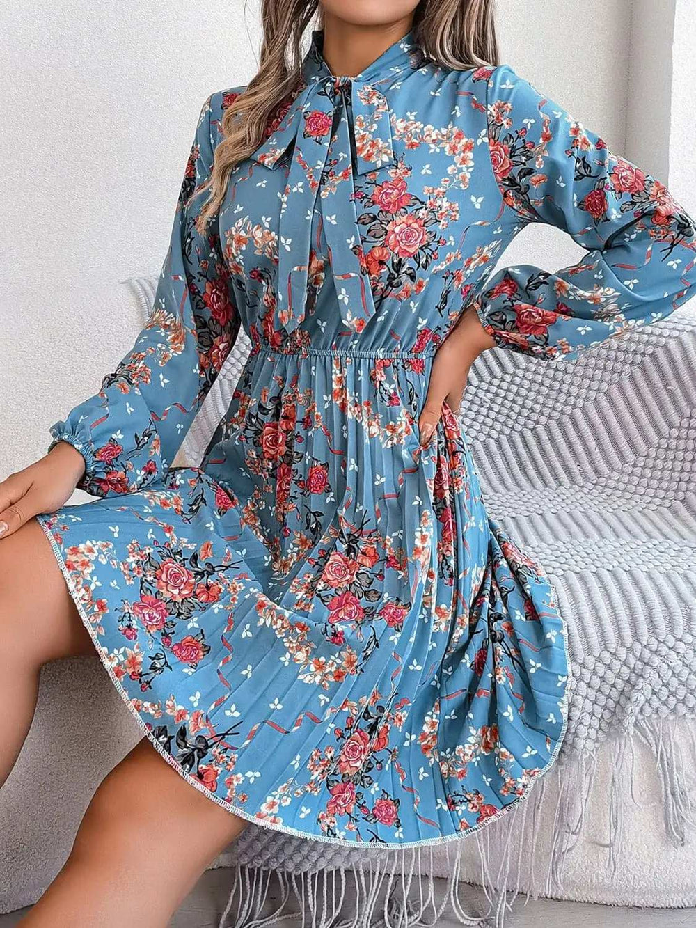 Pleated Printed Tie Neck Long Sleeve Dress - Trendsi - Flyclothing LLC