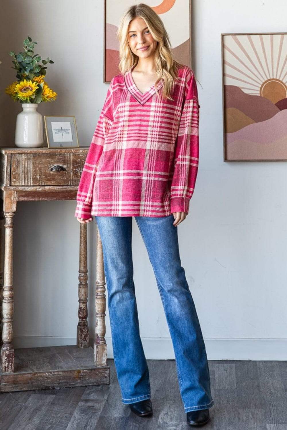 Heimish Plaid Drop Shoulder V-Neck T-Shirt - Trendsi - Flyclothing LLC