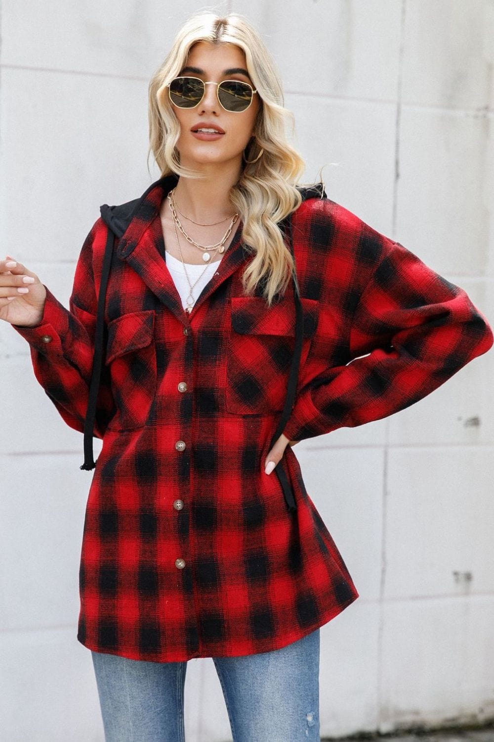 Drawstring Plaid Long Sleeve Hooded Shacket - Trendsi