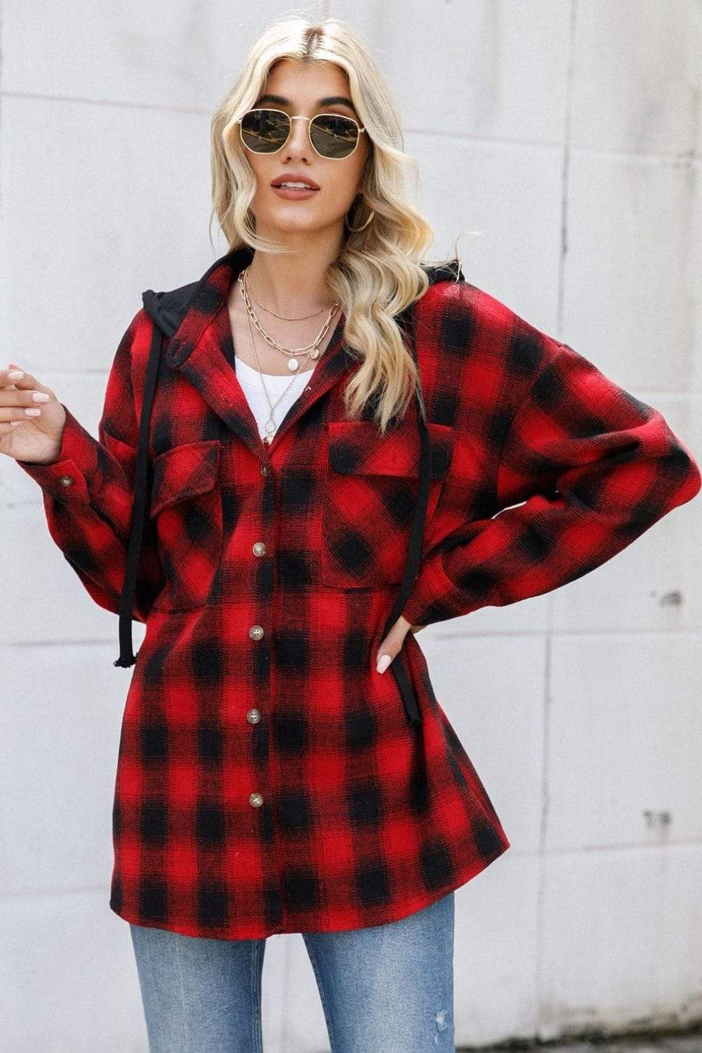 Drawstring Plaid Long Sleeve Hooded Shacket - Trendsi - Flyclothing LLC
