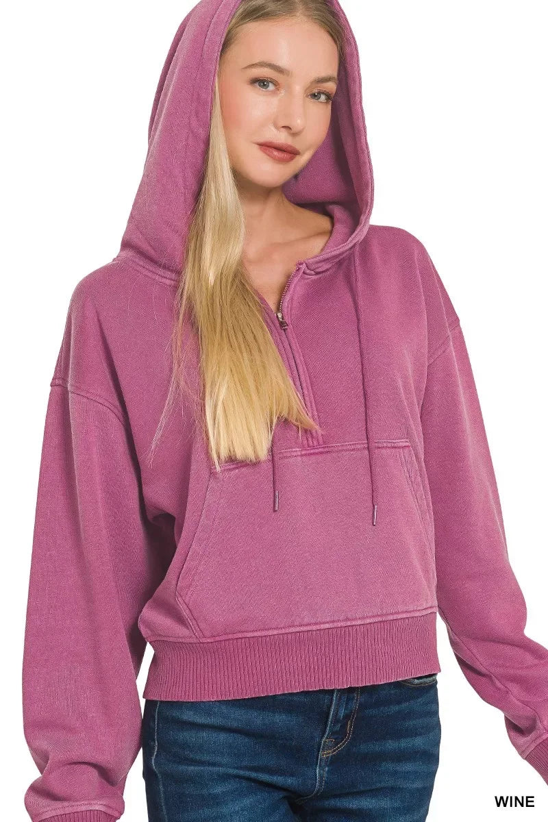 Zenana Fleece Pigment Dye Half Zip Kangaroo Pocket Hoodie - Trendsi - Flyclothing LLC