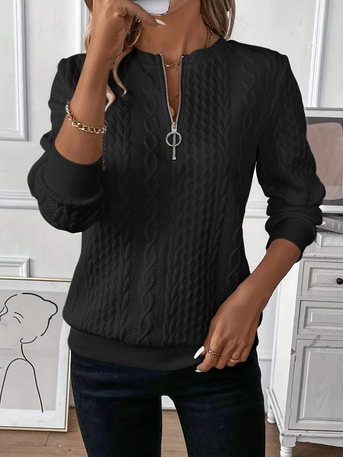 Texture Half Zip Long Sleeve Sweatshirt - Trendsi - Flyclothing LLC