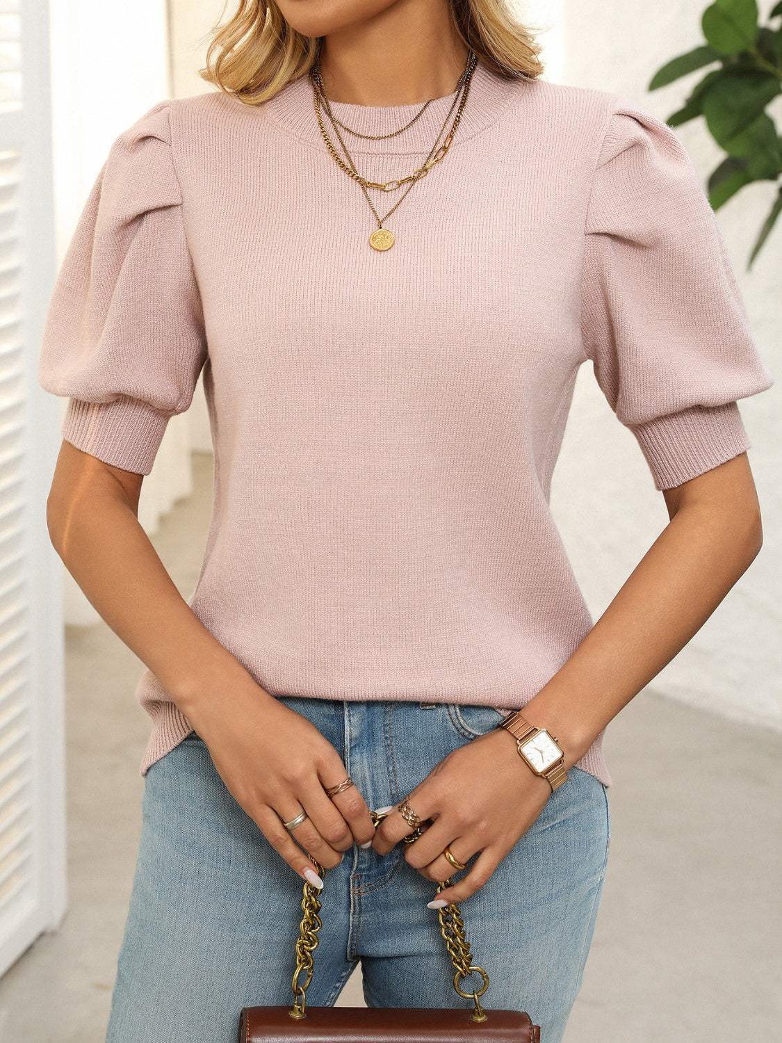 Mandy Mock Neck Puff Sleeve Sweater - Trendsi - Flyclothing LLC