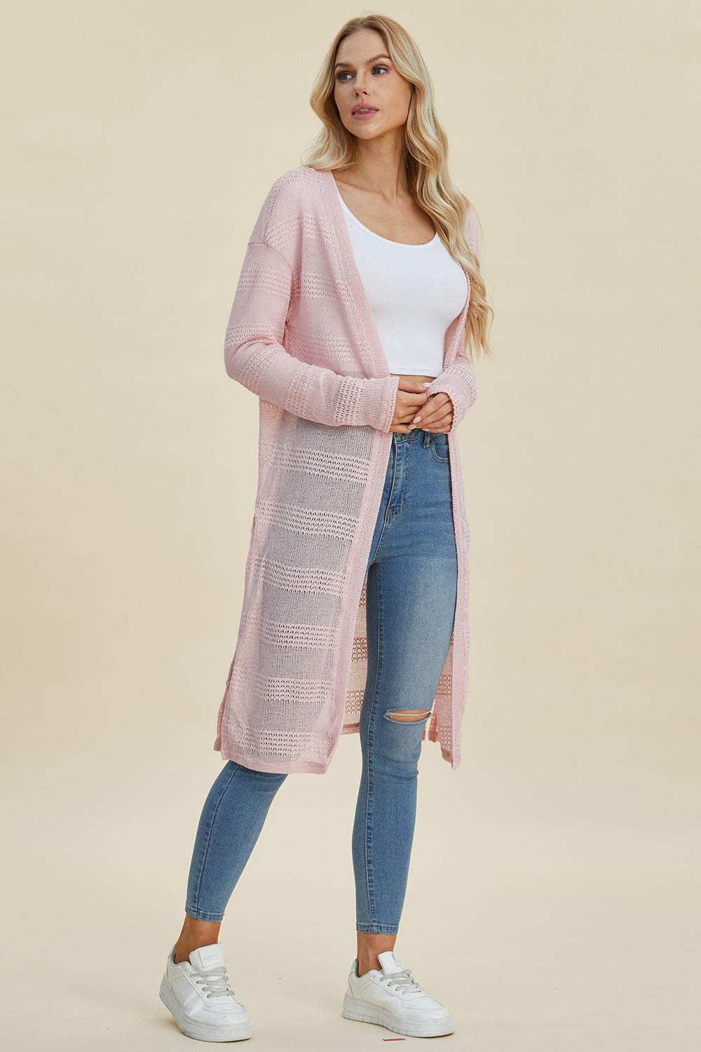Double Take Full Size Open Front Longline Cardigan - Trendsi - Flyclothing LLC