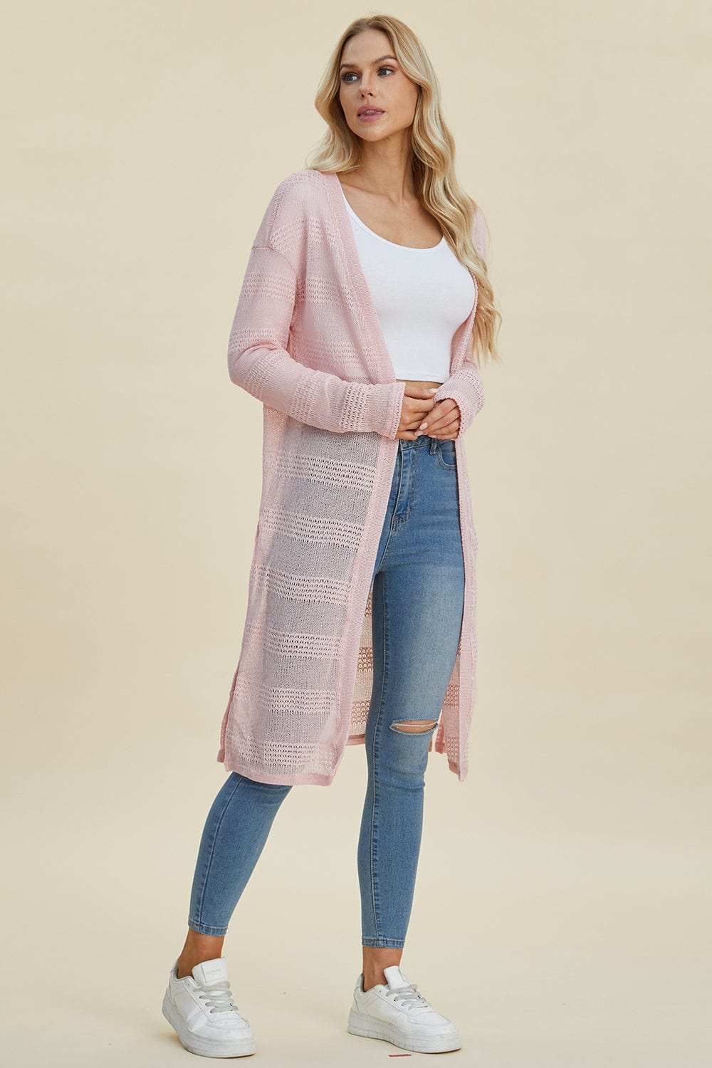 Double Take Full Size Open Front Longline Cardigan - Trendsi - Flyclothing LLC