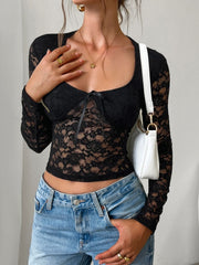 Devine Scoop Neck Long Sleeve Lace Top - Trendsi