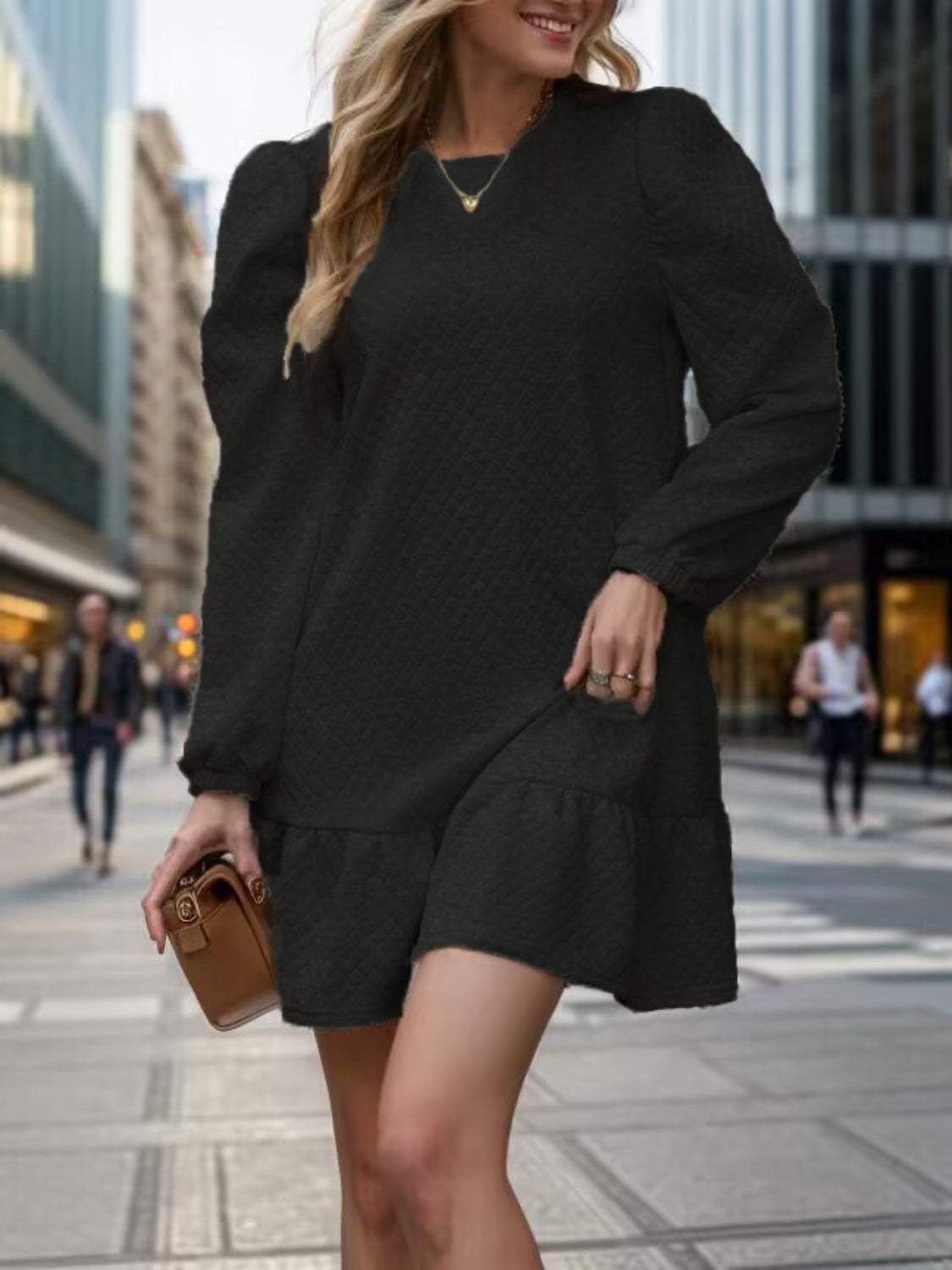 Round Neck Long Sleeve Mini Dress - Trendsi - Flyclothing LLC