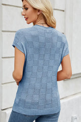 Checkered Round Neck Short Sleeve Knit Top - Trendsi - Flyclothing LLC