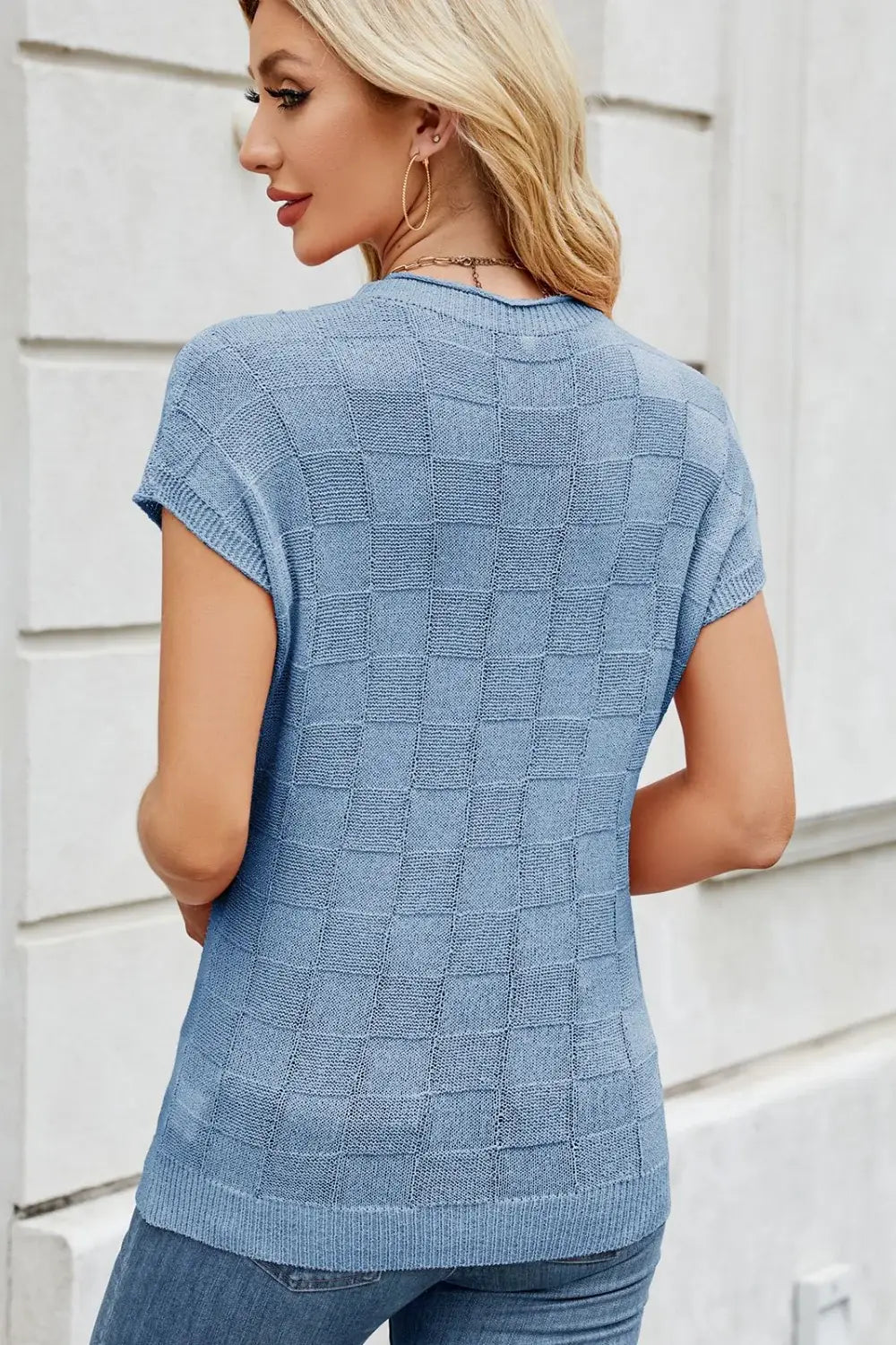 Checkered Round Neck Short Sleeve Knit Top - Trendsi - Flyclothing LLC