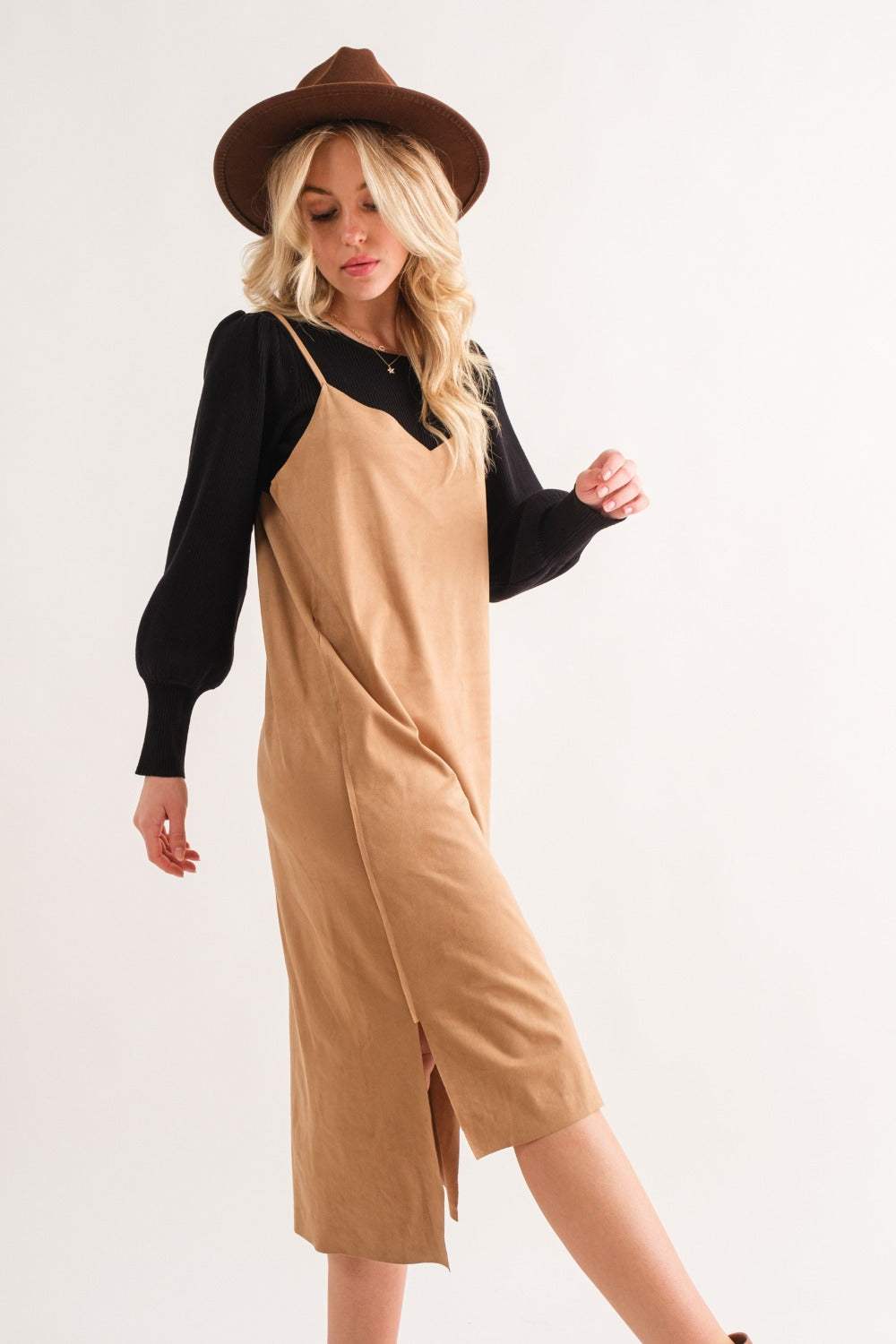 And The Why Faux Suede Cut Edge Slit Cami Midi Dress - Trendsi - Flyclothing LLC
