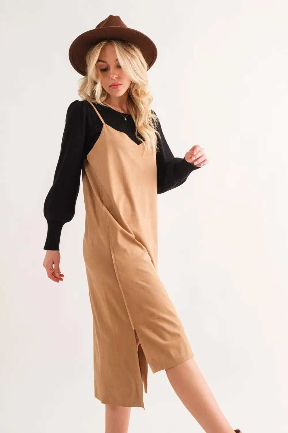 And The Why Faux Suede Cut Edge Slit Cami Midi Dress - Trendsi - Flyclothing LLC