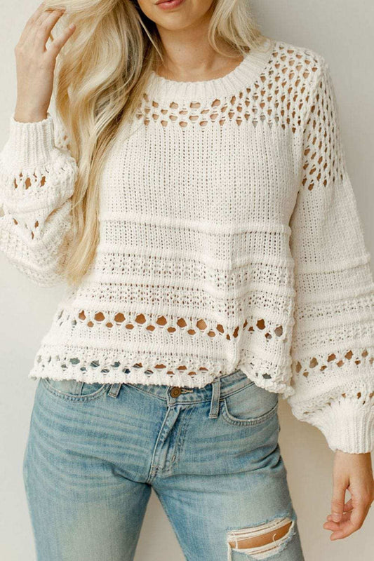 Pointelle Knit Puff Sleeve Sweater - Trendsi - Flyclothing LLC