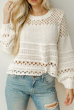 Pointelle Knit Puff Sleeve Sweater - Trendsi