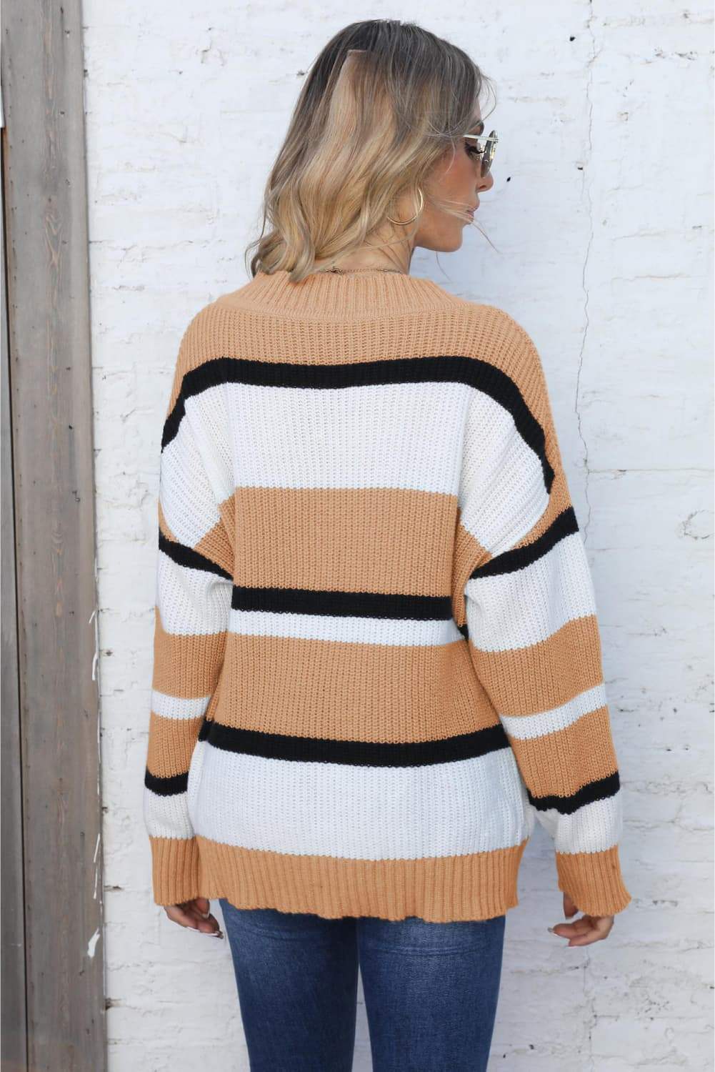 Color Block V-Neck Dropped Shoulder Sweater - Trendsi - Flyclothing LLC