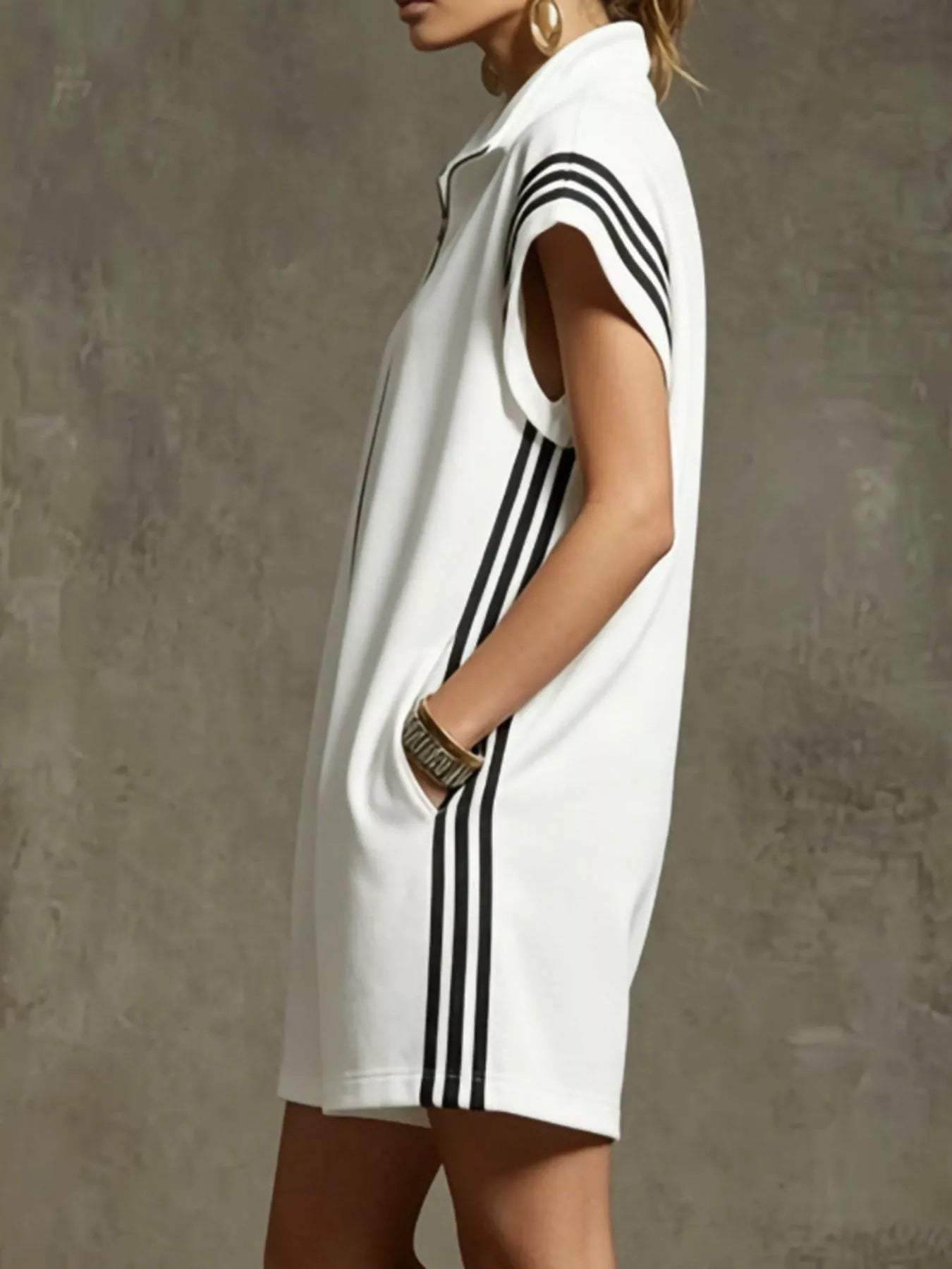 Striped Zip Front Short Sleeve Romper - Trendsi - Flyclothing LLC