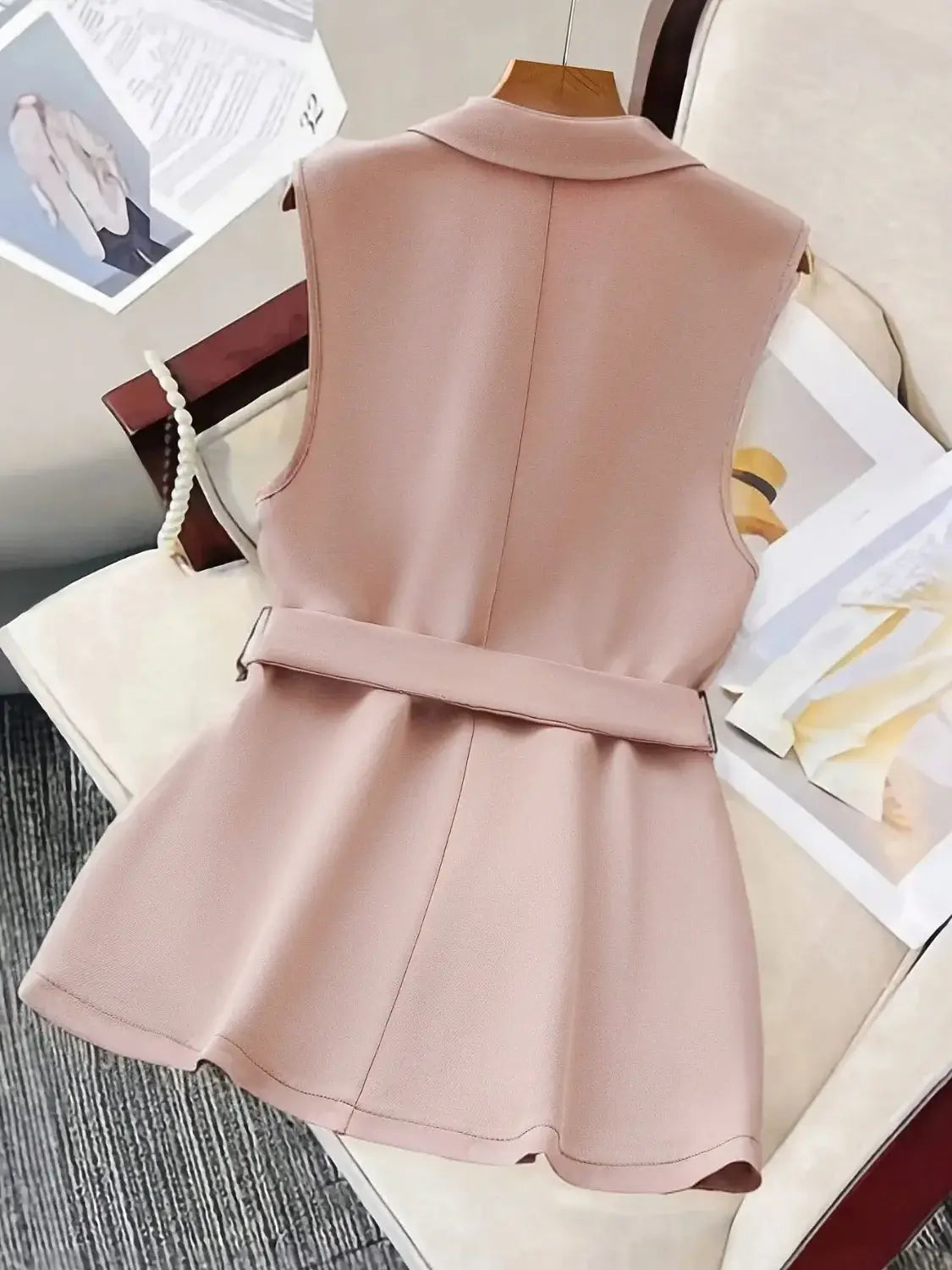 Tie Waist Lapel Collar Sleeveless Blazer - Trendsi - Flyclothing LLC