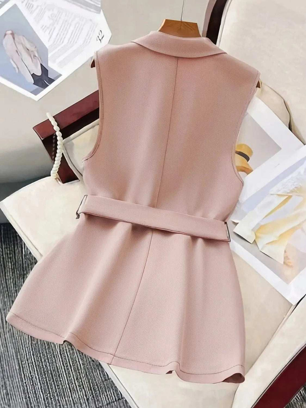 Tie Waist Lapel Collar Sleeveless Blazer - Trendsi - Flyclothing LLC