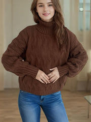 Cable-Knit Turtleneck Long Sleeve Sweater - Trendsi