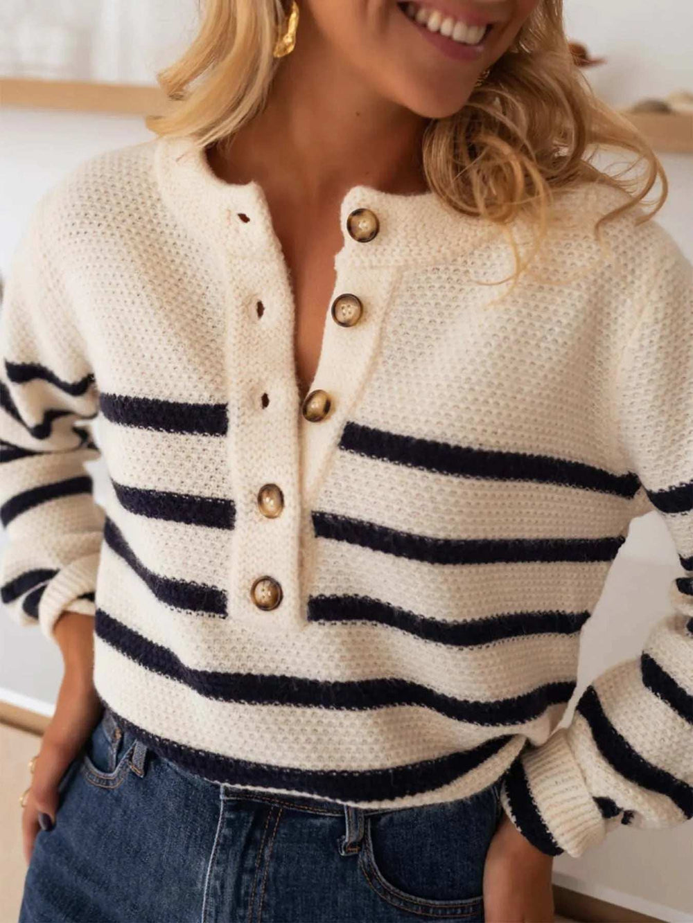 Striped Button-Front Sweater - Trendsi - Flyclothing LLC