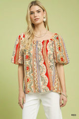 Umgee Patchwork Puff Sleeve Smocked Blouse - Trendsi - Flyclothing LLC